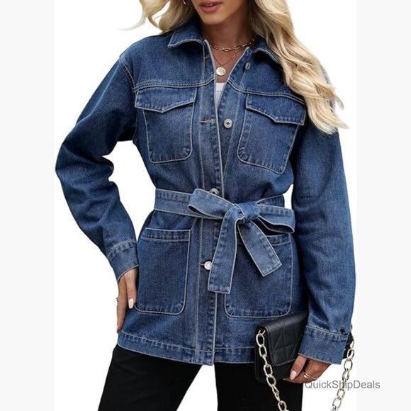 Oversized Denim Jacket with Belt Long Sleeve Classic Fit
